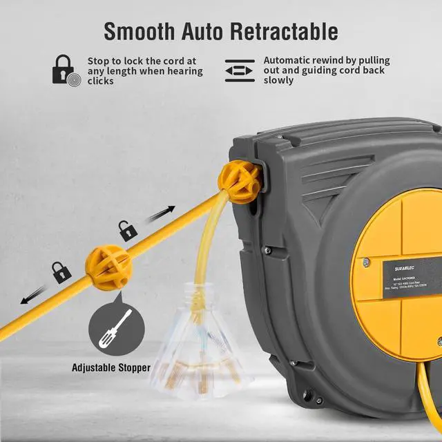 Alt view image 11 of 14 - 30 FT Retractable Extension Cord Reel, 16AWG/3C SJTW Power Cord Reel, 3 Electrical Outlets Triple Tap, 10A Circuit Breaker, Wall Mount/Ceiling Hanging for Workshop, Garage, ETL Listed