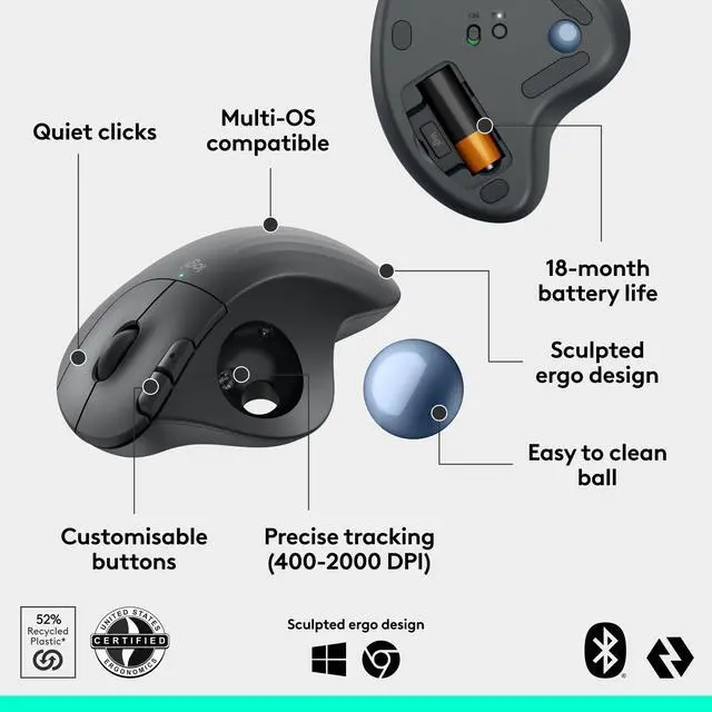Alt view image 13 of 14 - Ergo M575S Wireless Trackball Mouse, Wireless Ergonomic Mouse with Bluetooth and Encrypted Dongle, Comfortable Thumb Control, Precise and Smooth Tracking, for PC/Mac - Graphite Blue Ball