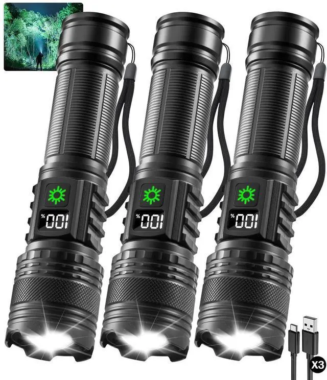 Alt view image 8 of 14 - 3Pack Rechargeable Flashlights High Lumens 9900FL, LED Flashlight Rechargeable with LCD Digital Display, 5Modes Adjustable Flash Light, Super Bright Flashlight Powerful, Tactical Flashlights for Home