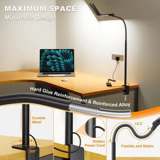 Alt view image 10 of 14 - LED Desk Lamps for Home Office,Smart Adjustable Swing Arm Desk Lamp with Clamp,Gooseneck Tall Clip on Desk Light for Sewing,Reading,Drawing,Workbench,Study,Screen,Crafting,Monitor Architect,Computer