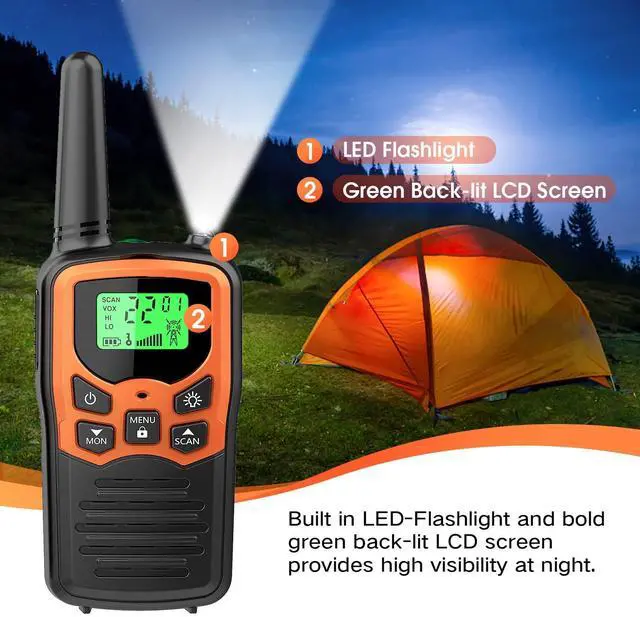 Alt view image 10 of 12 - Walkie Talkies with 22 FRS Channels Walkie Talkies for Adults with LED Flashlight VOX Scan LCD Display, Long Range Family Radios for Hiking Camping Trip (Orange, 4 Pack)