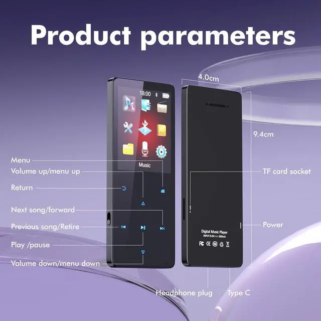 Alt view image 12 of 14 - 64GB MP3 Player with Bluetooth 5.3 Portable Music Player for Kids HiFi Sound Shuffle Single Loop Folder Loop Built-in Speaker Voice Recorder FM Radio Pedometer Supports Up to 128GB TF Card