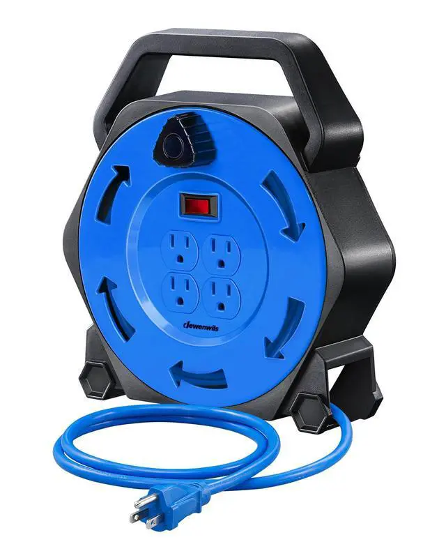 Alt view image 8 of 11 - Extension Cord Reel with 25 FT Power Cord, Hand Wind Retractable, 16/3 AWG SJTW, 4 Grounded Outlets, 13 Amp Circuit Breaker, Blue, Blue Cord, UL Listed
