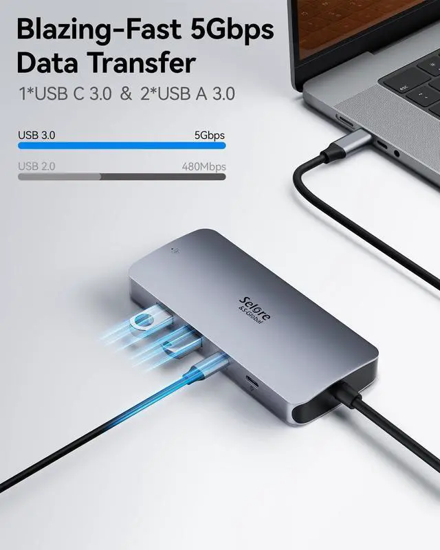 Alt view image 14 of 14 - USB C Docking Station Dual Monitor, Selore Docking Station 3 Monitors Triple 4K Display with 2 HDMI, DisplayPort, 1Gbps Ethernet, 100W PD Charging, USB 3.0 Ports Adapter for Dell, HP, Lenovo,etc