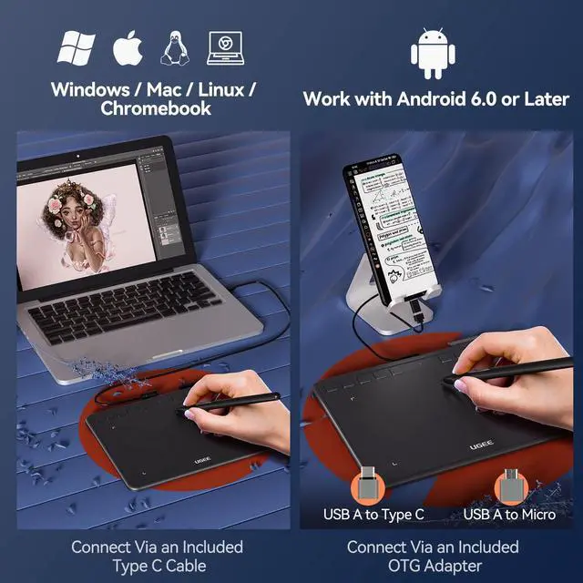 Alt view image 12 of 14 - Graphics Drawing Tablet, UGEE S640 Digital Drawing Pad with 10 Hot Keys, 6.5x4 inch Pen Tablet with 8192 Levels Battery-Free Stylus Support Android/Windows/Mac OS/Chrome OS/Linux