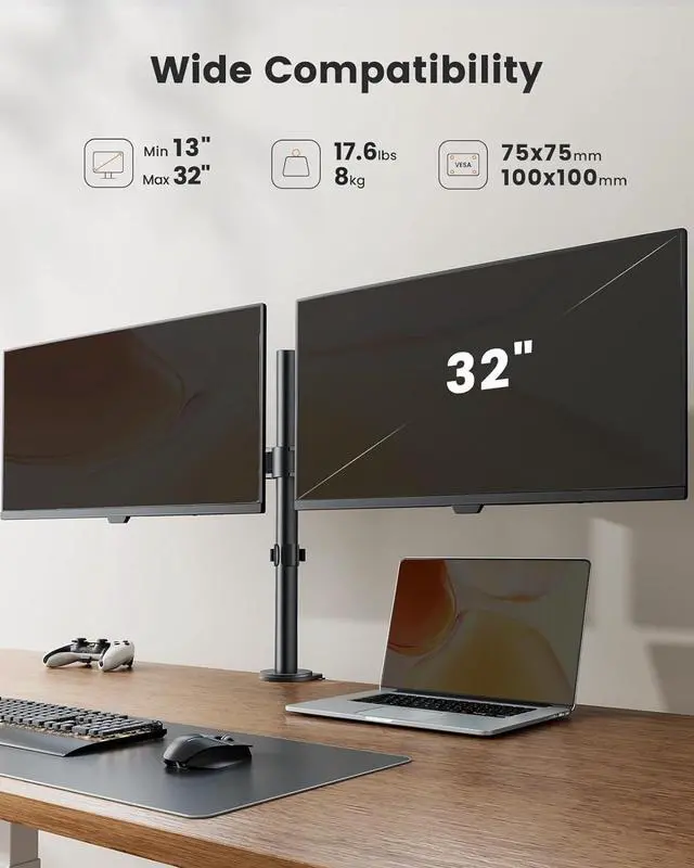 Alt view image 10 of 14 - Dual Monitor Stand, Heavy Duty Adjustable Monitor Desk Mount for 2 Screens up to 32 Inches, Fully Adjustable Height, Tilt, Swivel, Rotate, Supports 17.6 lbs per Monitor Arm, Easy Installation