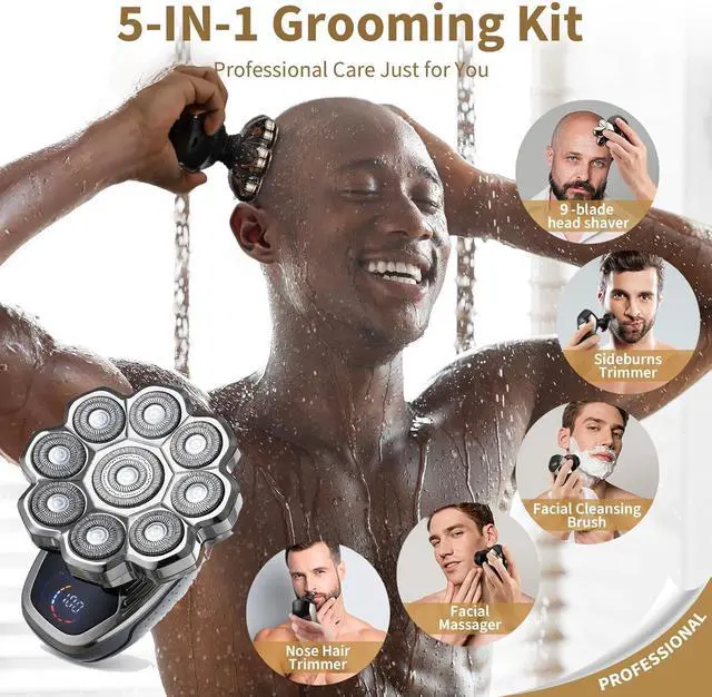 Alt view image 12 of 14 - 2025 New 9D Head Shavers for Bald Men, 5-in-1 Electric Razor Bawldy 9.0 Floating Pro Ultra Groomie Shaver IPX6 Waterproof with LCD Display Type-C Rechargeable Wet Dry Use Grooming Kit