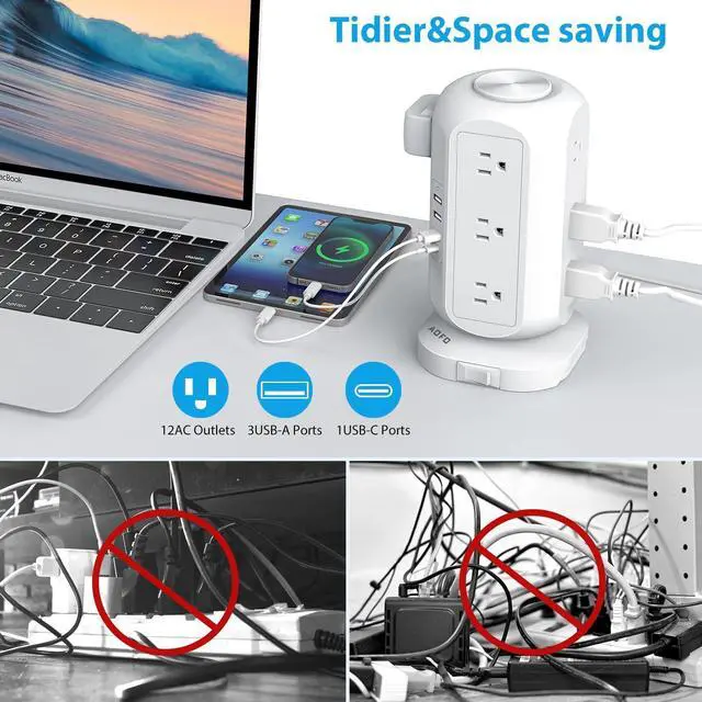 Alt view image 8 of 13 - Tower Power Strip Flat Plug with 12 Outlets 4 USB(1 USB C), Surge Protector Charging Station with Overload Protection, Widely Spaced Multiple Outlets 10Ft Extension Cord for Home, Dorm,Office