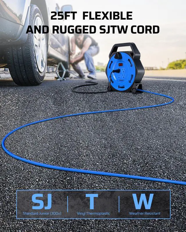 Alt view image 9 of 11 - Extension Cord Reel with 25 FT Power Cord, Hand Wind Retractable, 16/3 AWG SJTW, 4 Grounded Outlets, 13 Amp Circuit Breaker, Blue, Blue Cord, UL Listed