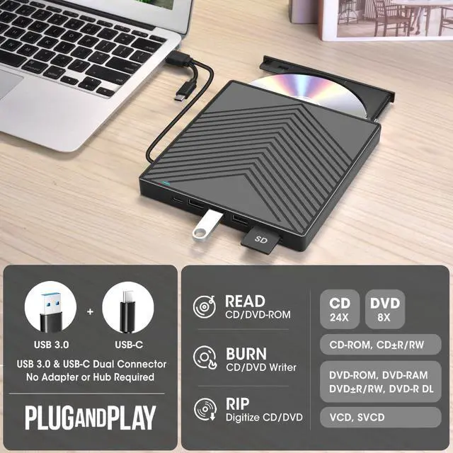 Alt view image 11 of 14 - External CD DVD Drive Player Burner USB 3.0 & USB-C Portable CD/DVD-ROM +/-RW Optical Disk Drive with 4 USB Ports + 2 SD/TF Card Reader + Carrying Case for Laptop PC Windows Mac Linux Computer