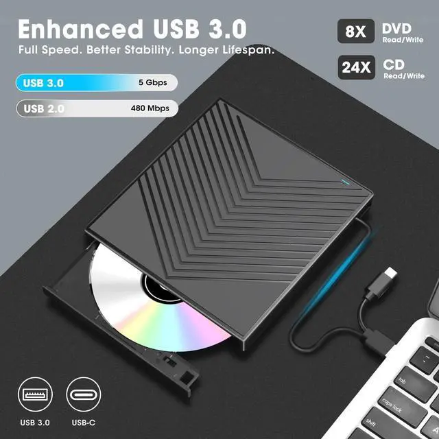 Alt view image 12 of 14 - External CD DVD Drive Player Burner USB 3.0 & USB-C Portable CD/DVD-ROM +/-RW Optical Disk Drive with 4 USB Ports + 2 SD/TF Card Reader + Carrying Case for Laptop PC Windows Mac Linux Computer
