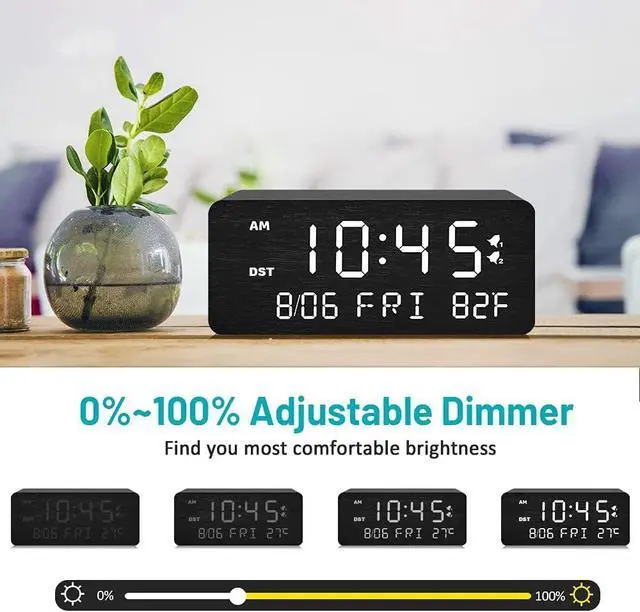 Alt view image 12 of 14 - Wooden Digital Alarm Clock with Wireless Charging, 0-100% Adjustable Brightness Dimmer and Alarm Volume, Weekday/Weekend Mode, Dual Alarm, Snooze, 12/24H, Wood LED Clock for Bedroom (Black)