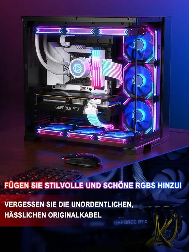 Alt view image 13 of 14 - RGB PSU Cable Extension with ARGB LED Stripes and PVC Sleeved Extend Cable - 16AWG 24 Pin ATX Dual 8 Pin PCIE Set