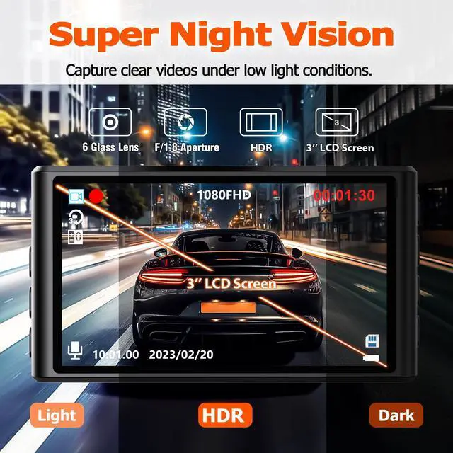 Alt view image 11 of 14 - 1080P Dash Cam Front and Rear with 32GB SD Card, Diamond Lark Dual Dash Camera for Cars, 3 LCD Screen Dashcam with Type-C Port, HDR, G-Sensor, Loop Recording, Parking Monitor, Night Vision