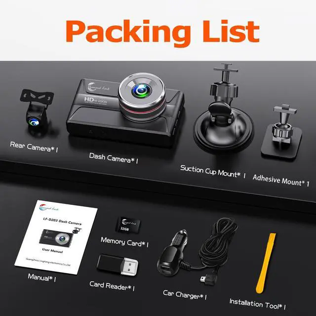 Alt view image 14 of 14 - 1080P Dash Cam Front and Rear with 32GB SD Card, Diamond Lark Dual Dash Camera for Cars, 3 LCD Screen Dashcam with Type-C Port, HDR, G-Sensor, Loop Recording, Parking Monitor, Night Vision