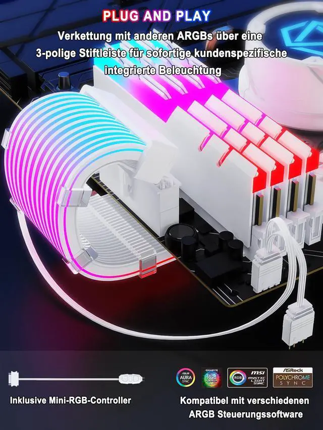 Alt view image 11 of 14 - RGB PSU Cable Extension with ARGB LED Stripes and PVC Sleeved Extend Cable - 16AWG 24 Pin ATX Dual 8 Pin PCIE Set