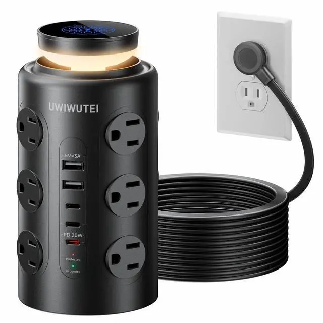 Alt view image 8 of 14 - Tower Power Strip with Night Light,PD20W USB C Power Strip Tower with Multiple Outlets, 12 Outlets,5 USB Ports (3 USB-C), 6FT Extension Cord Desk Charging Station for Home,Office,Dorm Essentials,Black