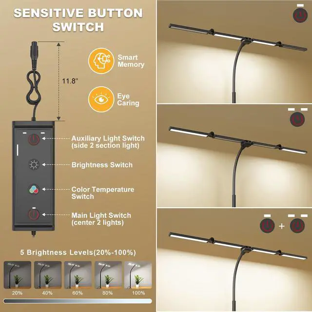 Alt view image 12 of 14 - LED Desk Lamps for Home Office,Smart Adjustable Swing Arm Desk Lamp with Clamp,Gooseneck Tall Clip on Desk Light for Sewing,Reading,Drawing,Workbench,Study,Screen,Crafting,Monitor Architect,Computer