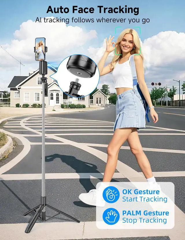 Alt view image 10 of 14 - 66" Auto Face Tracking Tripod for iPhone, 360° Rotation Face Body Phone Tripod Stand with Remote, Smart Shooting Holder Camera Selfie Stick for TikTok Vlog Video Recording, Gesture Control, No App