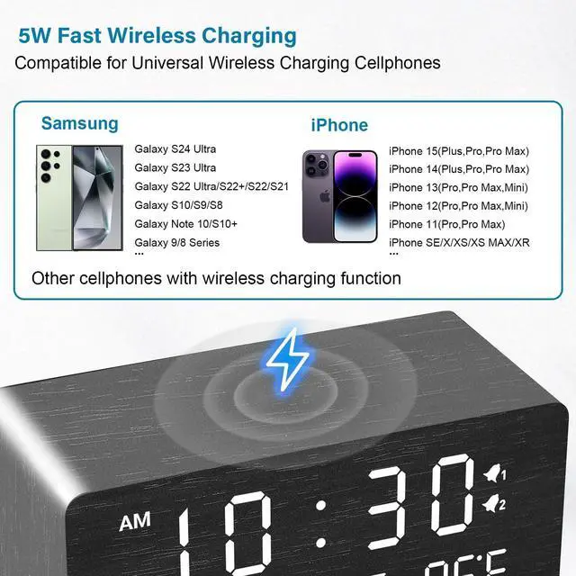 Alt view image 11 of 14 - Wooden Digital Alarm Clock with Wireless Charging, 0-100% Adjustable Brightness Dimmer and Alarm Volume, Weekday/Weekend Mode, Dual Alarm, Snooze, 12/24H, Wood LED Clock for Bedroom (Black)
