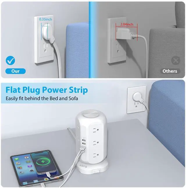 Alt view image 12 of 13 - Tower Power Strip Flat Plug with 12 Outlets 4 USB(1 USB C), Surge Protector Charging Station with Overload Protection, Widely Spaced Multiple Outlets 10Ft Extension Cord for Home, Dorm,Office