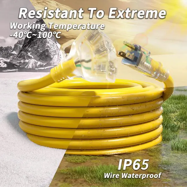 Alt view image 12 of 14 - 25 FT 12/3 Gauge Outdoor Extension Cord with Multiple Outlets Light Indicator, Flexible 3 Outlet Weatherproof Heavy Duty Extension Cord Waterproof Yellow, 15A 1875W 12AWG SJTW, ETL Listed
