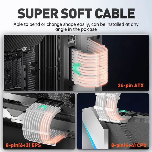 Alt view image 13 of 14 - 16AWG Pro Power Supply Sleeved Cable, White Power Supply Extension Cable Dual EPS Kit, 1x24-PIN/ 2x8-PORT (4+4) M/B,3x8-PORT (6+2) PCI-E, 30cm Length with 2 Set of Combs