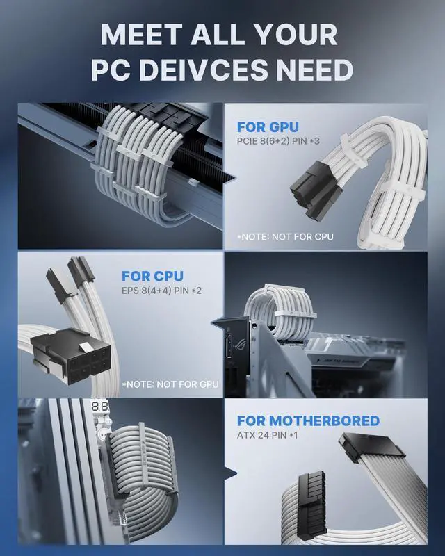 Alt view image 14 of 14 - 16AWG Pro Power Supply Sleeved Cable, White Power Supply Extension Cable Dual EPS Kit, 1x24-PIN/ 2x8-PORT (4+4) M/B,3x8-PORT (6+2) PCI-E, 30cm Length with 2 Set of Combs