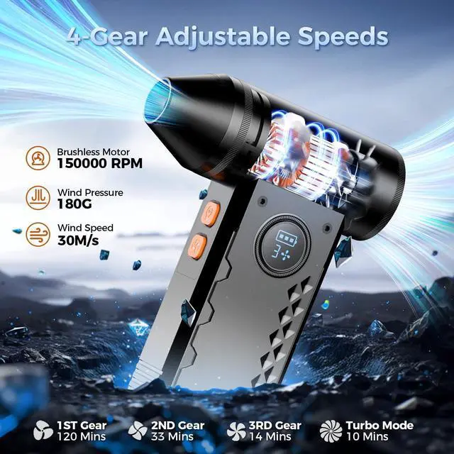 Alt view image 9 of 14 - Compressed Air Duster, 150000RPM Electric Air Duster with LED Display & Light, 4 Gear Adjustable Cordless Air Blower, Rechargeable Brushless Motor Turbo Fan for Keyboard, Electronic Devices, Home, Car