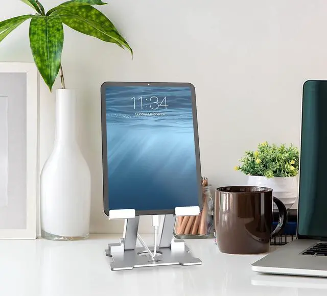Alt view image 11 of 14 - Quality Tablet Stand,Adjustable Foldable Eye-Level Aluminum Solid Up to 15-in Tablets Holder for Microsoft Surface Series Tablets,iPad Series,Samsung Galaxy Tabs,Amazon Kindle Fire,Etc.Silver