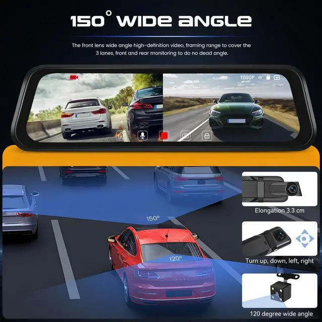 Alt view image 11 of 14 - Mirror Dash Cam, 9.66" 1080P FHD IPS Touch Screen Rear View Mirror Camera, Front and Backup Camera for Cars, Dashcam Night Vision, Loop Recording, Wide Angle, Parking Assistance