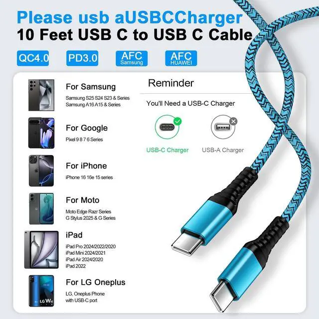 Alt view image 14 of 14 - USB C iPhone 16 17 Charger Cable Fast iPhone 16 Charging Cord 10FT 2 Pack for iPhone 17e 17 Pro Max 16 Pro Max,16 Plus,16 Pro,15, Extra Long iPhone 16 Plus Car Charger Cord USB C to USB C Power Cord