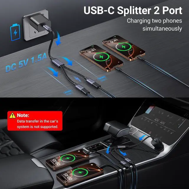 Alt view image 12 of 14 - USB C Splitter 1 in 2 Out Charging, USBC Power Data Splitter Extension Y Cable, Type C Male to Dual USB C Female Port Adapter, Compatible with Laptop Mac Car Flash Drive Keyboard Mouse