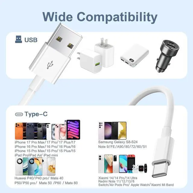 Alt view image 14 of 14 - USBA to Type C Cable 3FT, 4Pack USB A to USB C Fast Cable Type-C Charging Cable Type C Cord for Car Carplay Compatible with iPhone 17/16/15 Samsung Galaxy S25/S24 iPad Pro (usba to c Cable, 3FT)