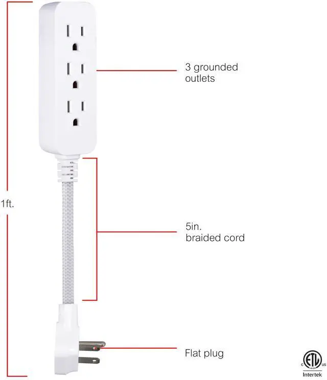 Alt view image 8 of 12 - 3-Outlet Power Strip 5 Inch Braided Extension Cord with Multiple Outlets Grounded Flat Plug ETL Listed White 45190