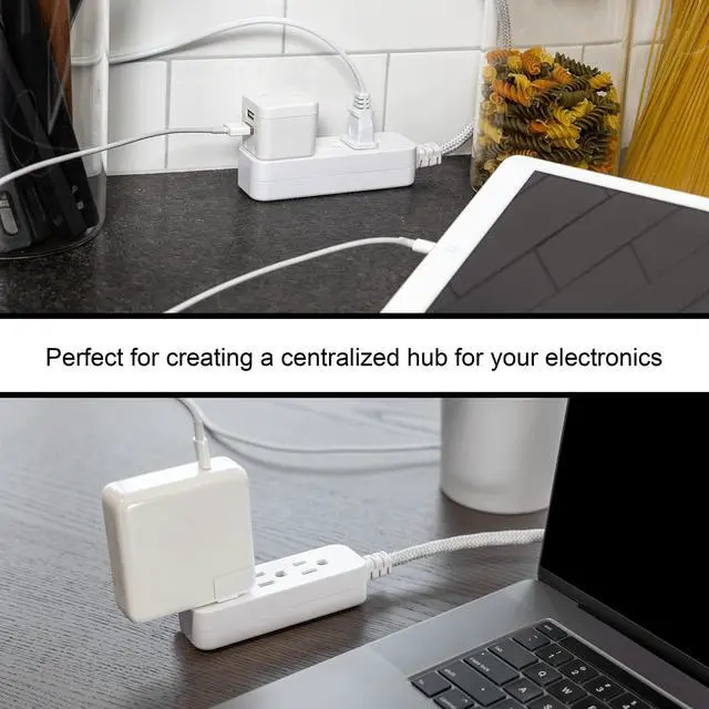 Alt view image 12 of 12 - 3-Outlet Power Strip 5 Inch Braided Extension Cord with Multiple Outlets Grounded Flat Plug ETL Listed White 45190