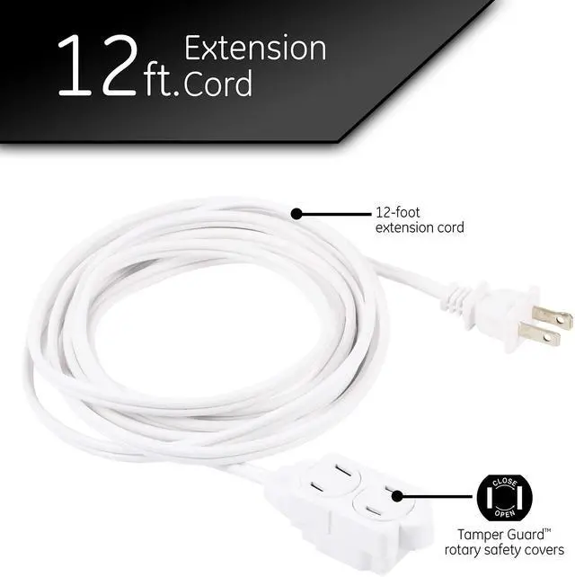 Alt view image 8 of 10 - 3-Extension Cord with Multiple Outlets 12 Ft Power Strip 2 Prong 16 Gauge Twist-to-Close Safety Covers Indoor Outlet Extender UL Listed White 51954