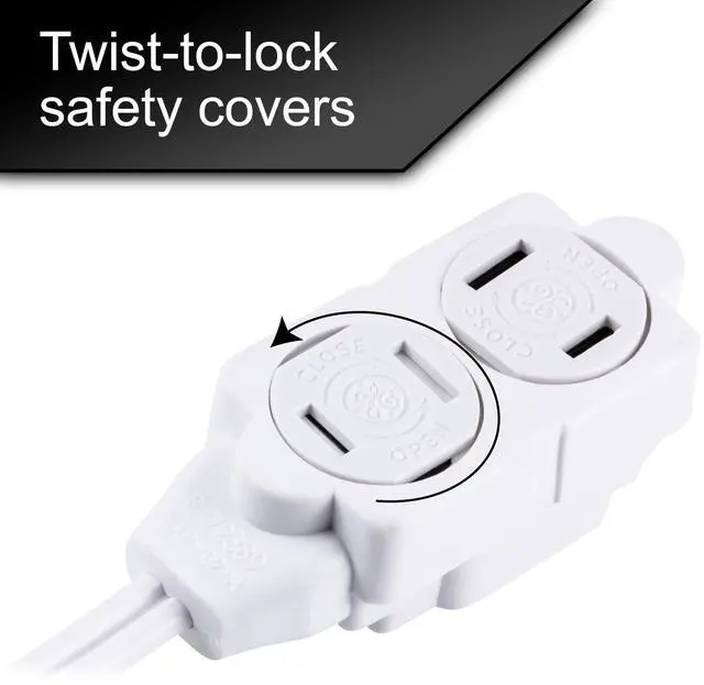 Alt view image 9 of 10 - 3-Extension Cord with Multiple Outlets 12 Ft Power Strip 2 Prong 16 Gauge Twist-to-Close Safety Covers Indoor Outlet Extender UL Listed White 51954