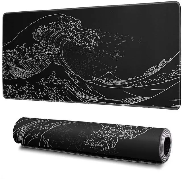 Alt view image 8 of 14 - Japanese Gaming Mouse Pad Abstract Black Mouse Pad 31.5x11.8 Inch Black Sea Wave Texture Non-Slip Rubber Base Large Ocean Mousepad Stitched Edges Keyboard Mouse Mat Desk Pad for Office and Home