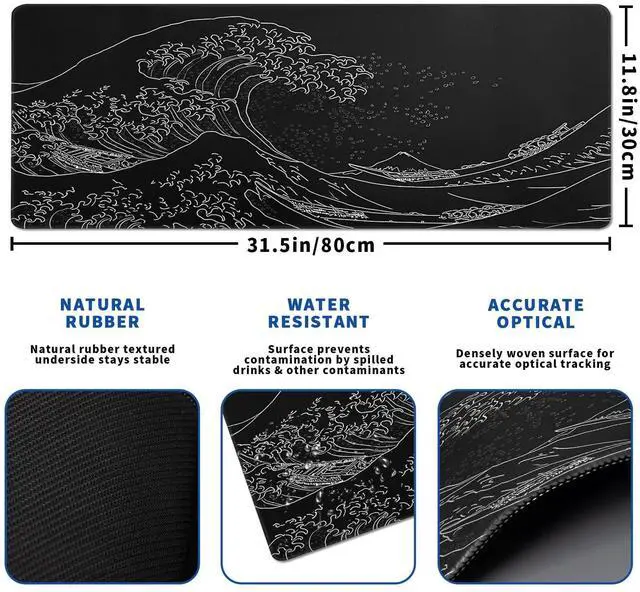 Alt view image 9 of 14 - Japanese Gaming Mouse Pad Abstract Black Mouse Pad 31.5x11.8 Inch Black Sea Wave Texture Non-Slip Rubber Base Large Ocean Mousepad Stitched Edges Keyboard Mouse Mat Desk Pad for Office and Home