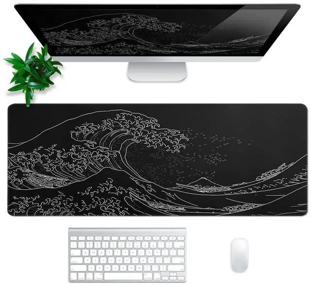 Alt view image 10 of 14 - Japanese Gaming Mouse Pad Abstract Black Mouse Pad 31.5x11.8 Inch Black Sea Wave Texture Non-Slip Rubber Base Large Ocean Mousepad Stitched Edges Keyboard Mouse Mat Desk Pad for Office and Home
