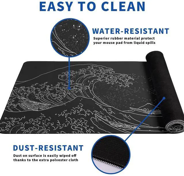 Alt view image 11 of 14 - Japanese Gaming Mouse Pad Abstract Black Mouse Pad 31.5x11.8 Inch Black Sea Wave Texture Non-Slip Rubber Base Large Ocean Mousepad Stitched Edges Keyboard Mouse Mat Desk Pad for Office and Home