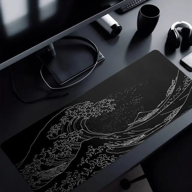 Alt view image 13 of 14 - Japanese Gaming Mouse Pad Abstract Black Mouse Pad 31.5x11.8 Inch Black Sea Wave Texture Non-Slip Rubber Base Large Ocean Mousepad Stitched Edges Keyboard Mouse Mat Desk Pad for Office and Home
