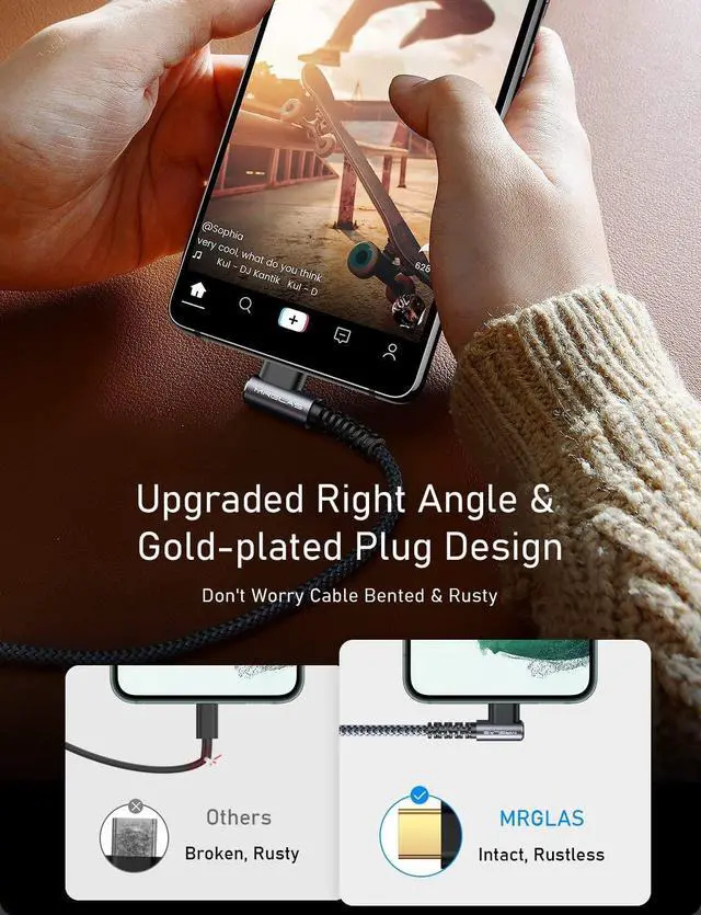 Alt view image 11 of 14 - Car Carplay Cable for iPhone 17 16 15 Pro Max Air, Fast Charging Braided Right Angle Gold-Plated USB A to USB C Car Charger Cord for Samsung Note20 and More (3.3FT+3.3FT, Grey)
