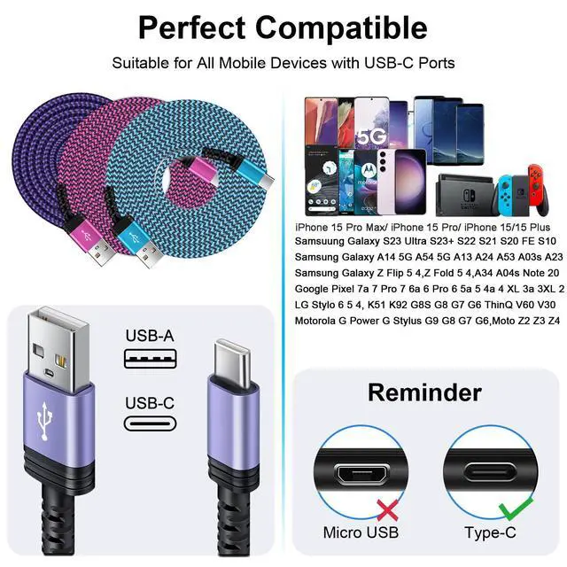 Alt view image 12 of 14 - USB to USB C Cable 6FT/3Pack for iPhone 17 16 15/15 Pro/15 Pro Max/15 Plus,USB A to USB Type C Charging Fast Charger Cord for Samsung Galaxy S25 Ultra S25 FE A17 A55 A36 S24 S23,Google Pixel 10 Pro XL