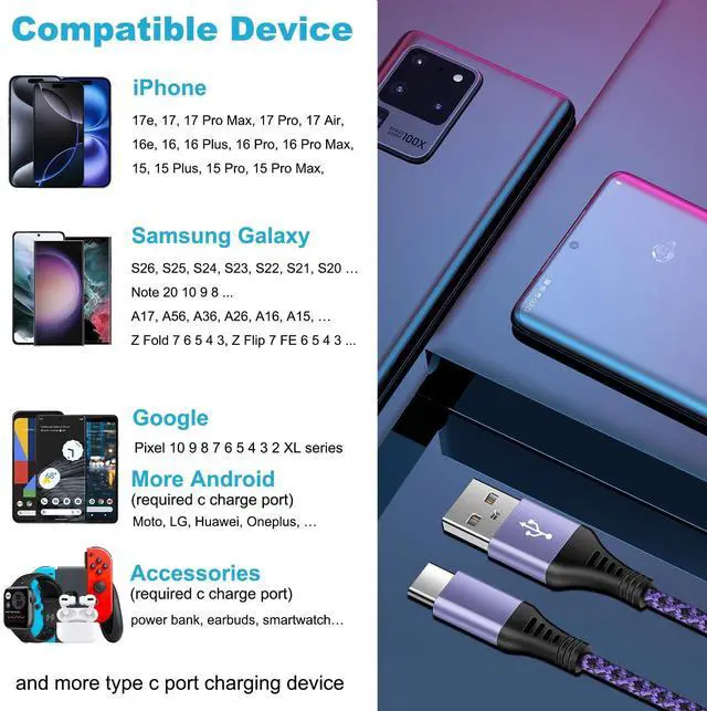 Alt view image 14 of 14 - for iPhone 16e 17e 17 Pro Max Air, 6FT Fast USB Type C Cable Phone Charger Charging Cord for iPhone 16e, 16, 16 Pro Max, 16 Pro, 16 Plus, 15, 15 Pro Max Plus, LG Stylo 4, Car Carplay Power Cord Wire