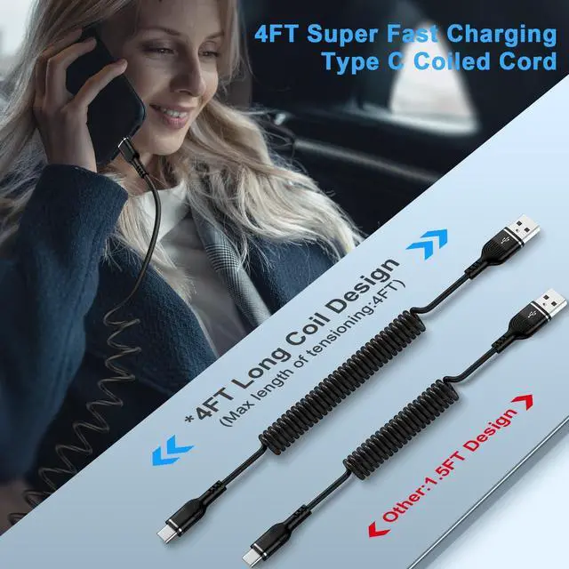 Alt view image 10 of 14 - USB C Coiled iPhone 17 Charger Cord Retractable Car Charger Cable for iPhone 17 Pro Max Air 17 Pro 16e 16 Plus 16 Pro Max 15,4FT Android Auto Fast Charging Coiled Cord for Samsung Galaxy A17 A16 S25FE