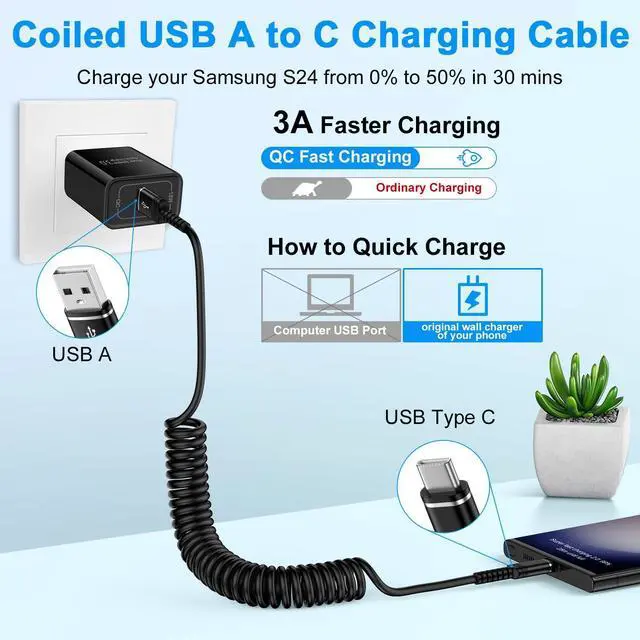 Alt view image 9 of 14 - Coiled USB C Charger Cable 3ft for iPhone 17 Pro Max Air 16 Pro Max,16 Plus,16 Pro,16 15, Retractable Short Android Auto Car Carplay Fast Charging Type A to C Phone Power Cord for Samsung Galaxy S25