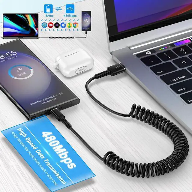 Alt view image 11 of 14 - Coiled USB C Charger Cable 3ft for iPhone 17 Pro Max Air 16 Pro Max,16 Plus,16 Pro,16 15, Retractable Short Android Auto Car Carplay Fast Charging Type A to C Phone Power Cord for Samsung Galaxy S25