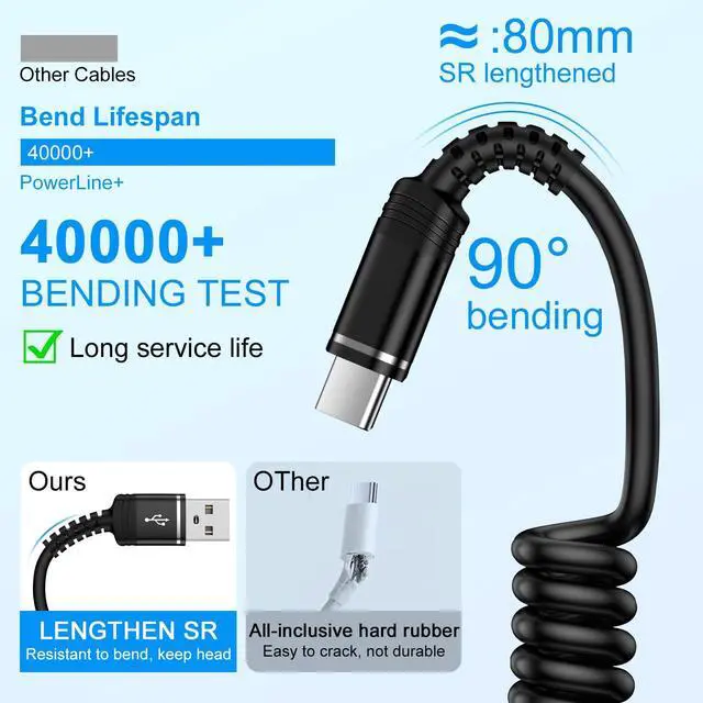 Alt view image 12 of 14 - Coiled USB C Charger Cable 3ft for iPhone 17 Pro Max Air 16 Pro Max,16 Plus,16 Pro,16 15, Retractable Short Android Auto Car Carplay Fast Charging Type A to C Phone Power Cord for Samsung Galaxy S25